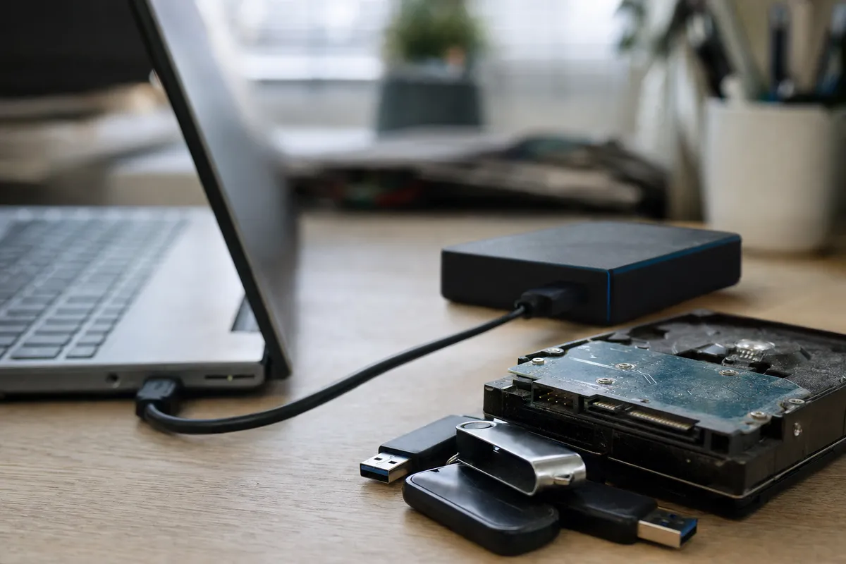 Laptop collegato a un hard disk esterno, con chiavette USB e un vecchio disco rigido sul tavolo