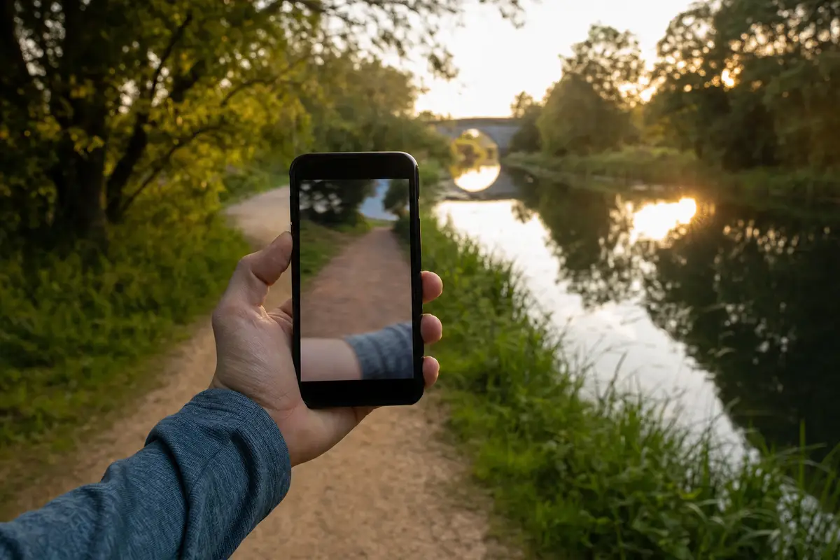 Mano con smartphone: sullo schermo una foto sfocata del sentiero, sullo sfondo canale al tramonto