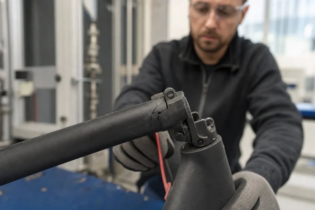 Giunto del manubrio di un monopattino elettrico con crepe visibili, controllato da un tecnico in laboratorio