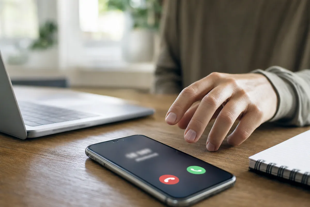 Smartphone su un tavolo con chiamata da numero sconosciuto e una mano esitante vicino, laptop sfocato sullo sfondo