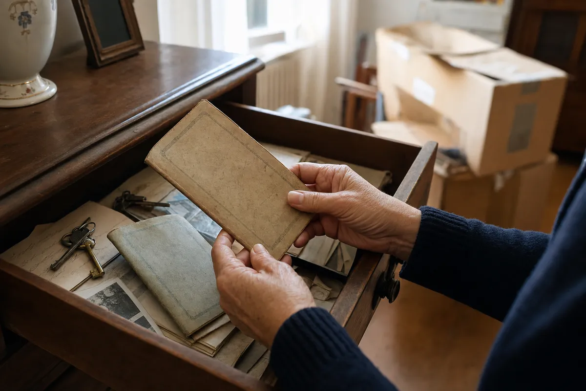 Mani che tengono un vecchio libretto di risparmio trovato in un cassetto con carte e chiavi, durante un trasloco