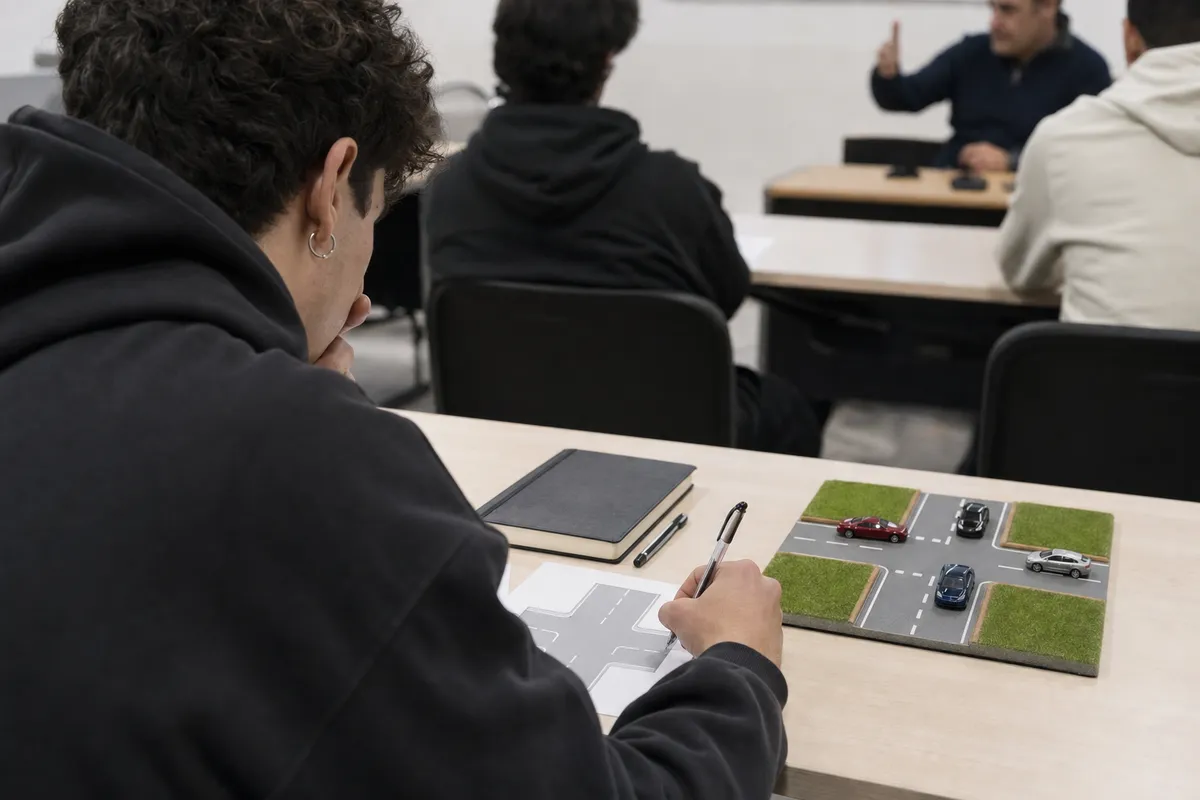 Studente in autoscuola con penna e scheda di incrocio, accanto a un modellino con quattro auto