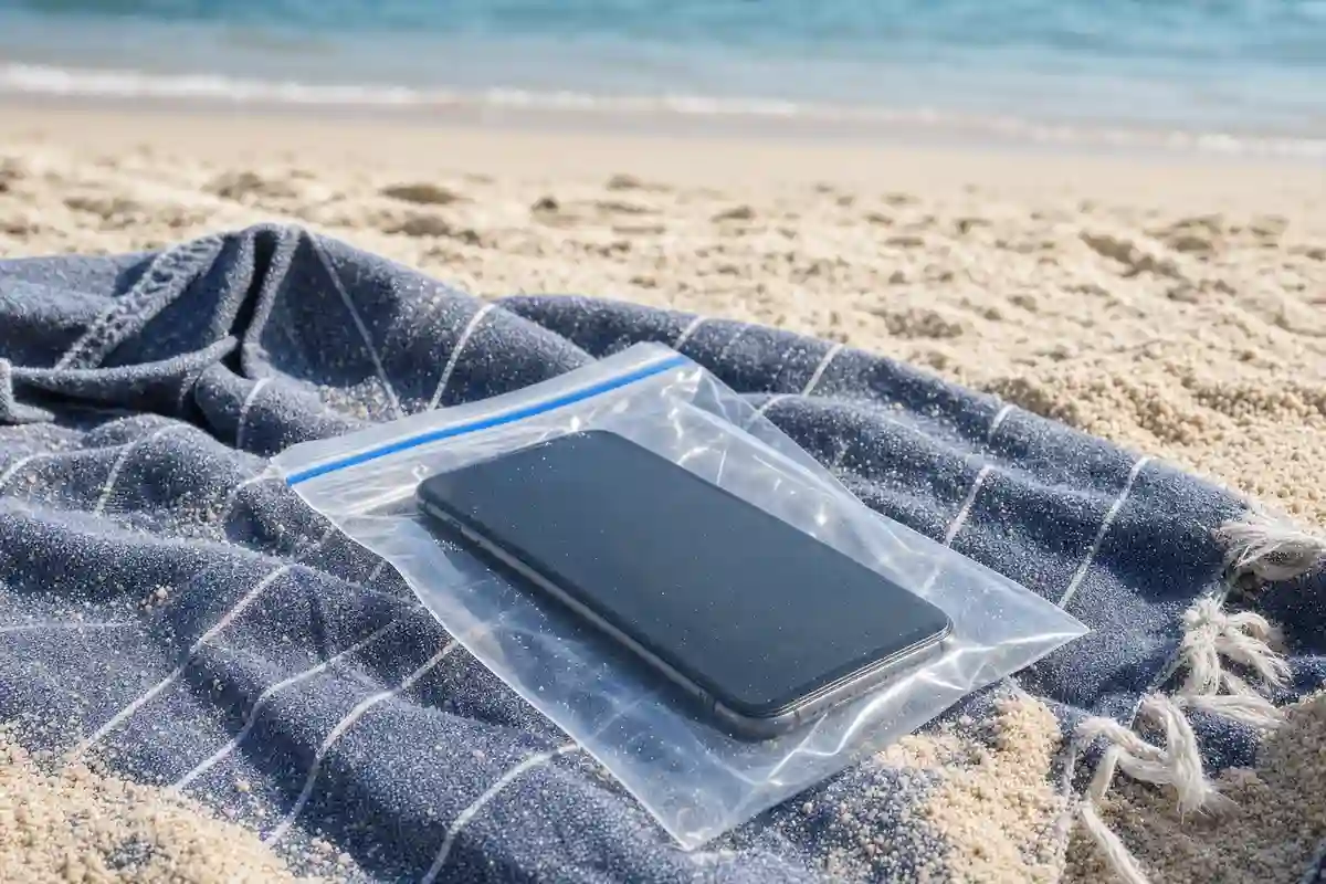 Smartphone con schermo nero in un sacchetto di plastica richiudibile su un telo da spiaggia, con sabbia intorno