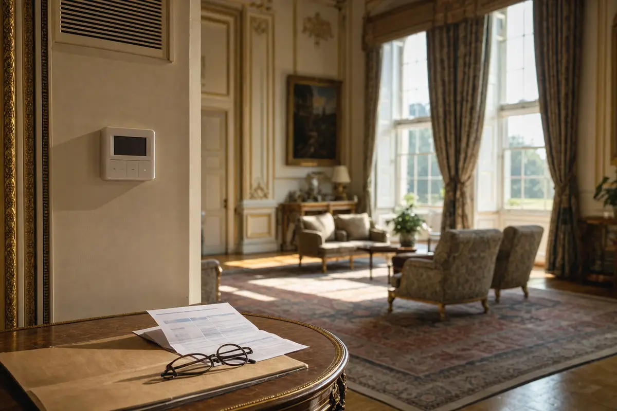Termostato a parete in un salone elegante con grandi finestre; in primo piano bolletta e occhiali su un tavolino