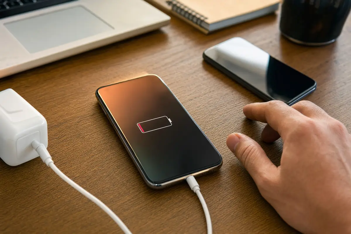 Smartphone in carica su scrivania con icona batteria quasi scarica e mano vicina, con un secondo telefono sullo sfondo