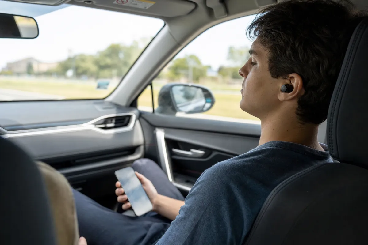 Passeggero in auto con auricolare wireless e smartphone in mano, paesaggio sfocato fuori dal finestrino