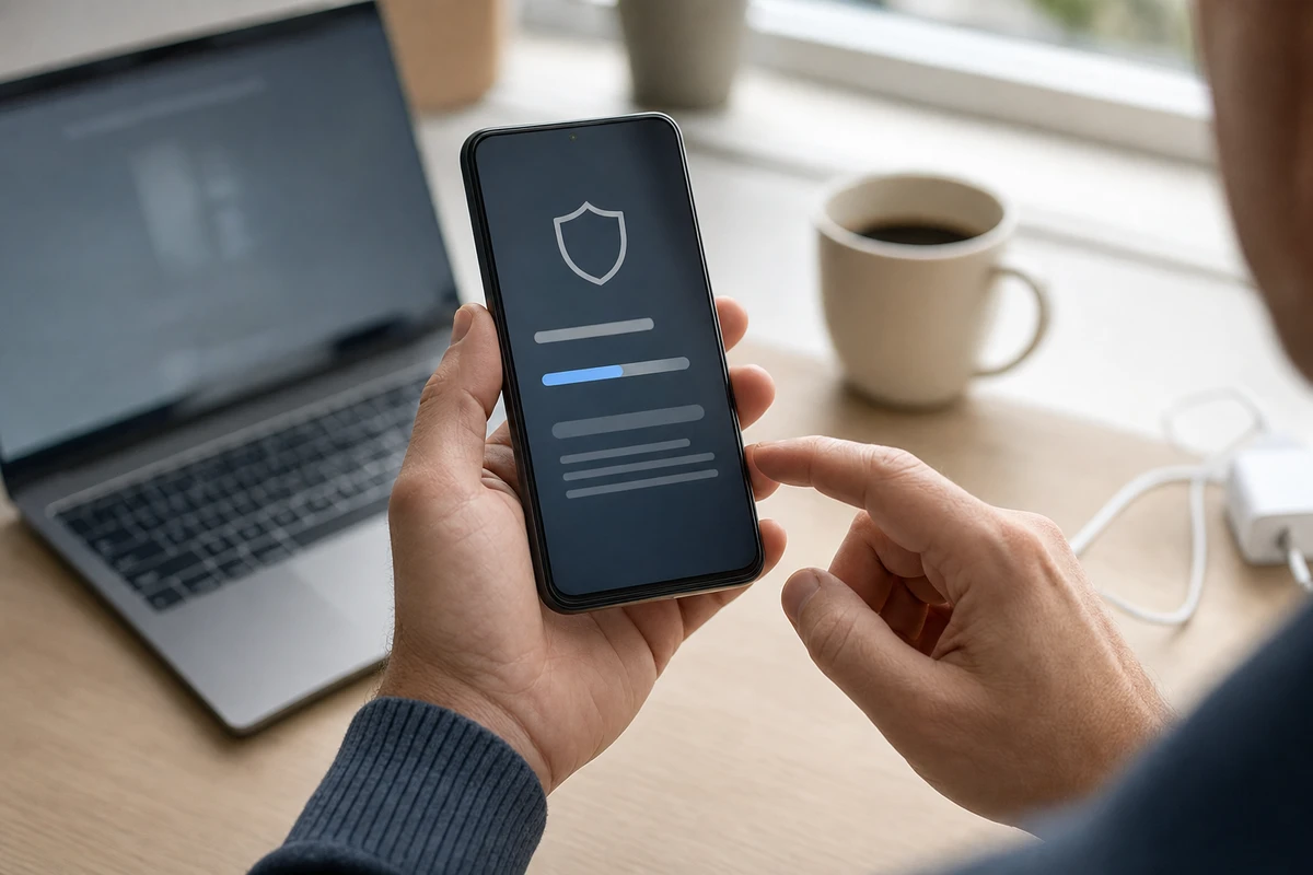 Mani che tengono uno smartphone con icona a scudo e barra di avanzamento, con laptop e tazza di caffè sullo sfondo