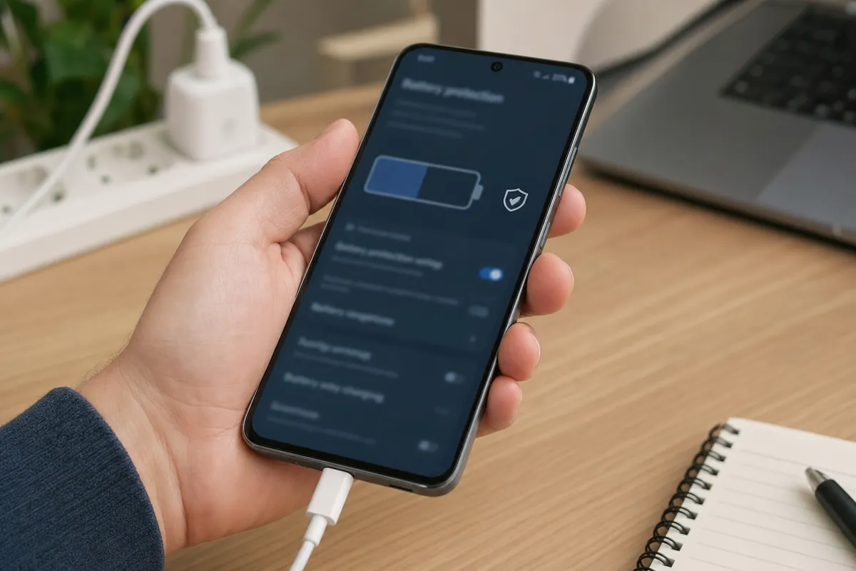 Smartphone in mano in ricarica con icona batteria e scudo sullo schermo, su scrivania con laptop sfocato