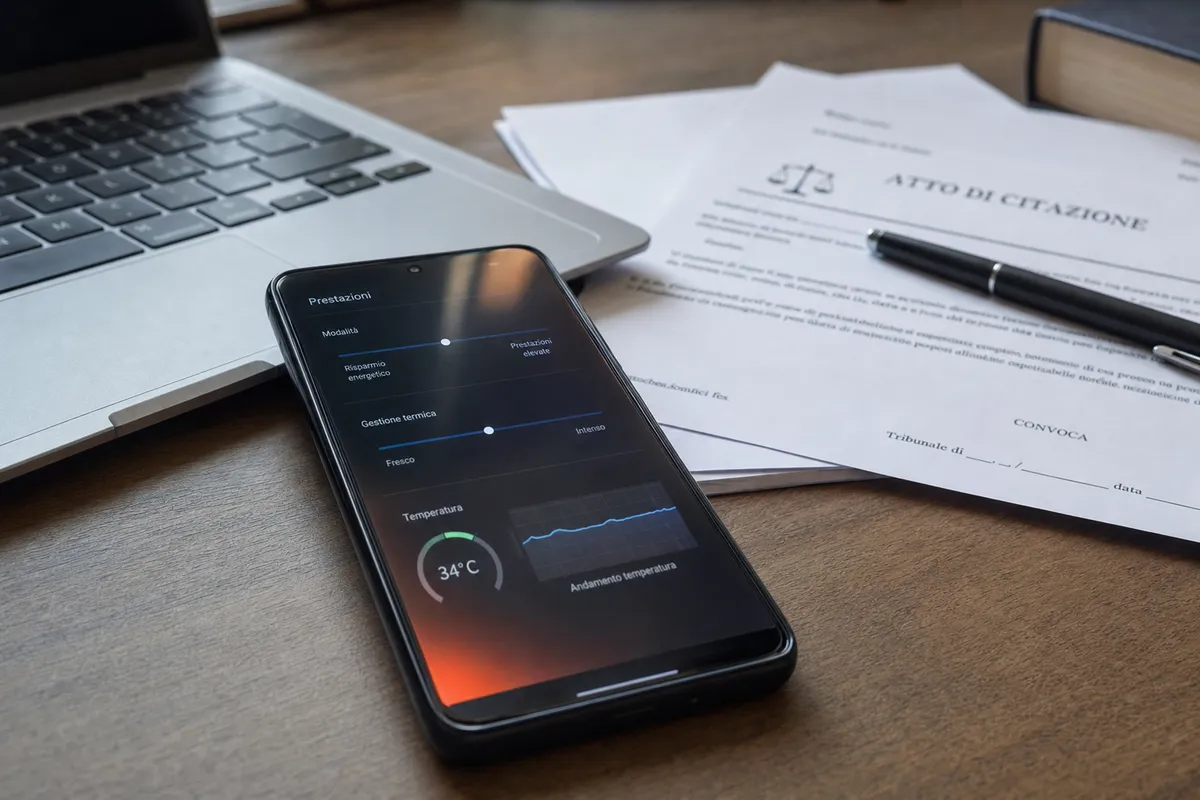 Smartphone su scrivania accanto a laptop e documenti legali, con schermata di prestazioni e temperatura a 34°C