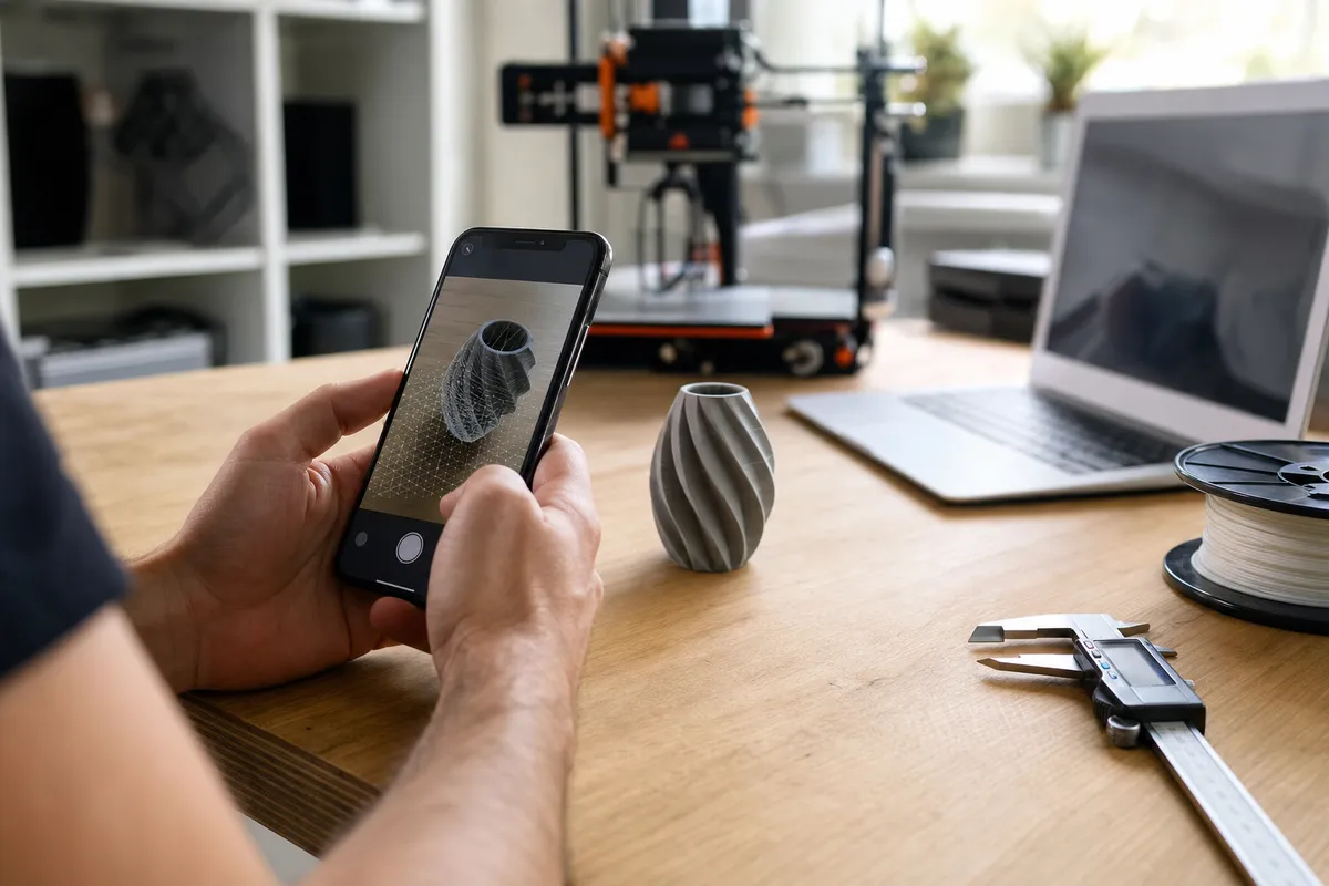 Smartphone in mano mentre scansiona un piccolo oggetto grigio su un tavolo, con stampante 3D sfocata sullo sfondo