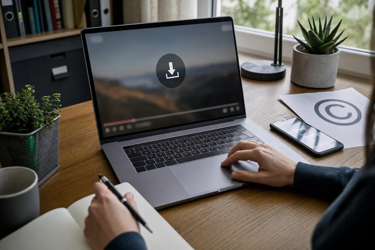 Mani su laptop con icona di download sullo schermo, smartphone, taccuino e foglio con simbolo di copyright su una scrivania
