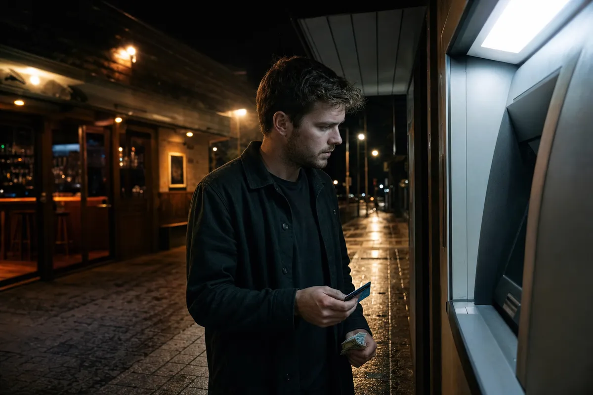 Uomo di notte davanti a un bancomat illuminato, con una carta in mano e alcune banconote nell’altra