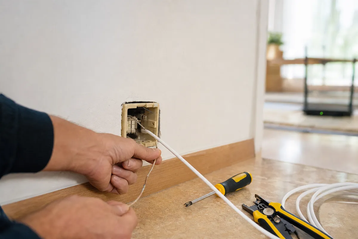 Mani che sfilano un vecchio cavo telefonico e fanno passare un nuovo cavo bianco da una presa a muro aperta