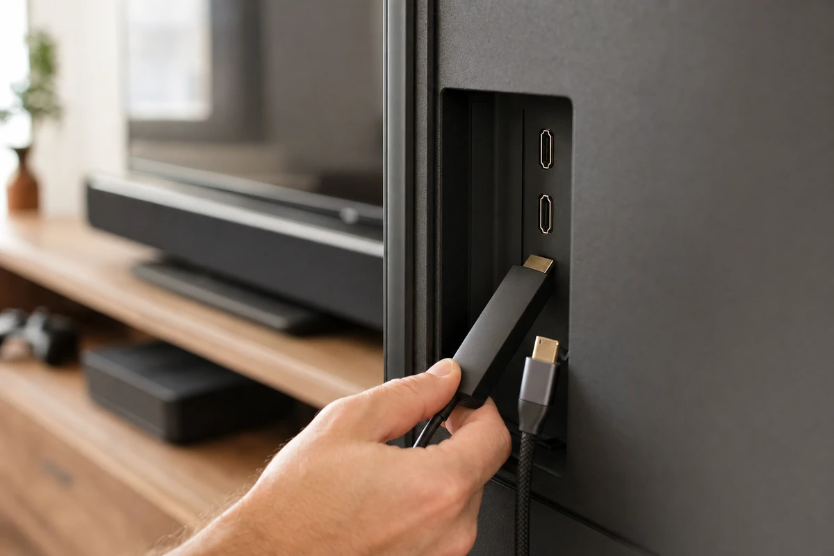 Mano che collega uno stick streaming a una porta HDMI sul retro della TV, con altre porte HDMI visibili