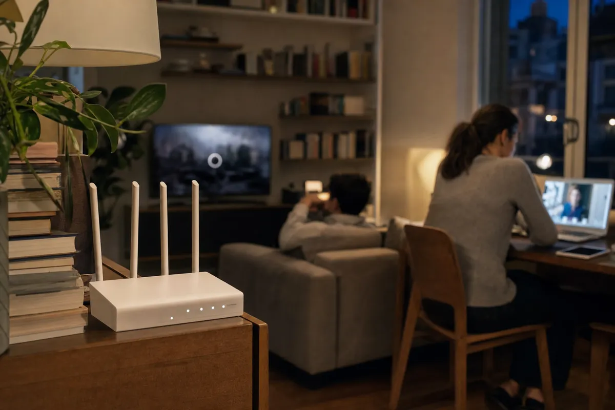 Router Wi‑Fi con quattro antenne su un mobile, con TV in buffering e persona al laptop sullo sfondo