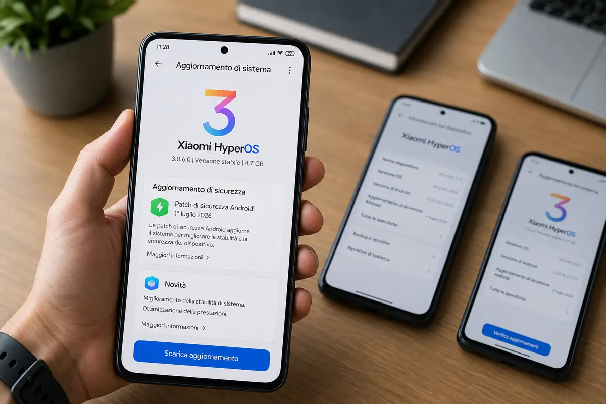 Mano che tiene uno smartphone con schermata di aggiornamento, con altri telefoni e un tablet su una scrivania