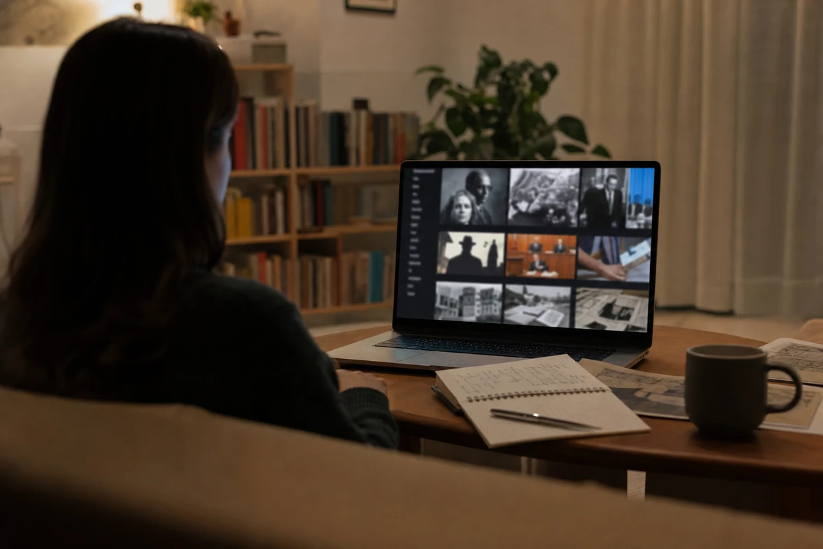 Persona sul divano guarda un laptop con schermata di streaming, accanto taccuino, penna, tazza e documenti