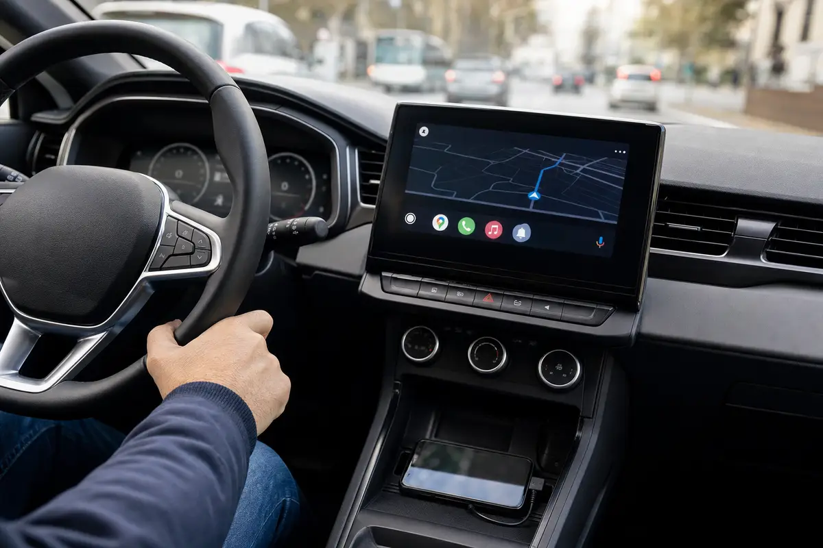 Cruscotto auto con schermo infotainment in tema scuro, mappa di navigazione e icone essenziali; mano sul volante