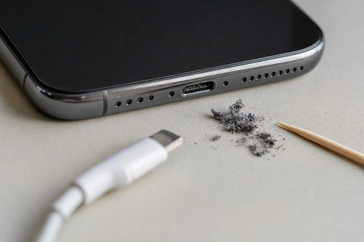Porta di ricarica di uno smartphone con polvere e pelucchi sul tavolo, cavo USB-C sfocato e stuzzicadenti vicino