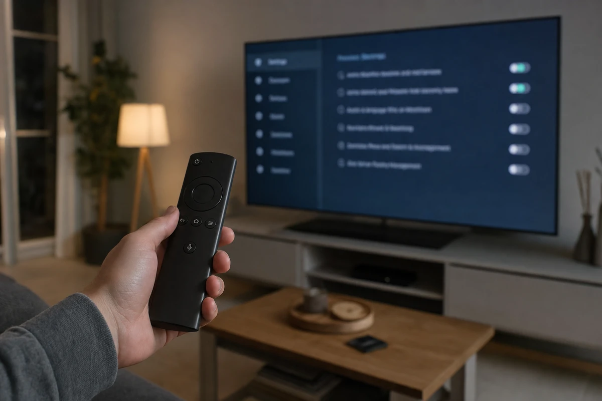 Mano con telecomando con tasto microfono davanti a una smart TV con menu impostazioni privacy sfocato