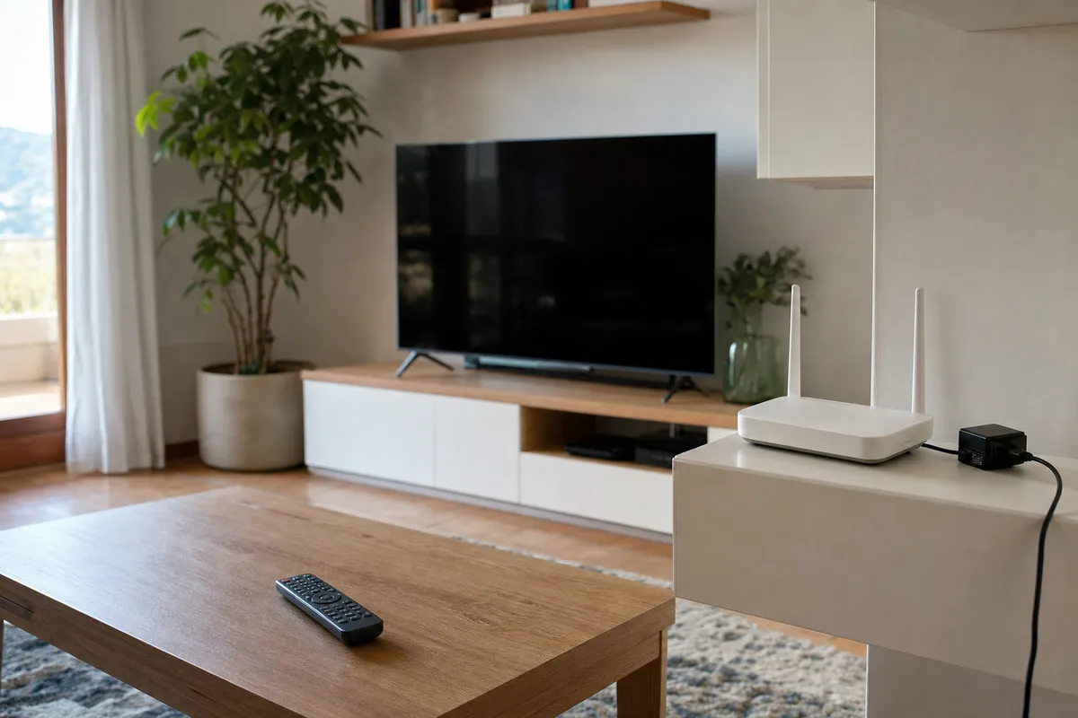Soggiorno con smart TV spenta, router Wi‑Fi con alimentatore scollegato e telecomando su tavolino