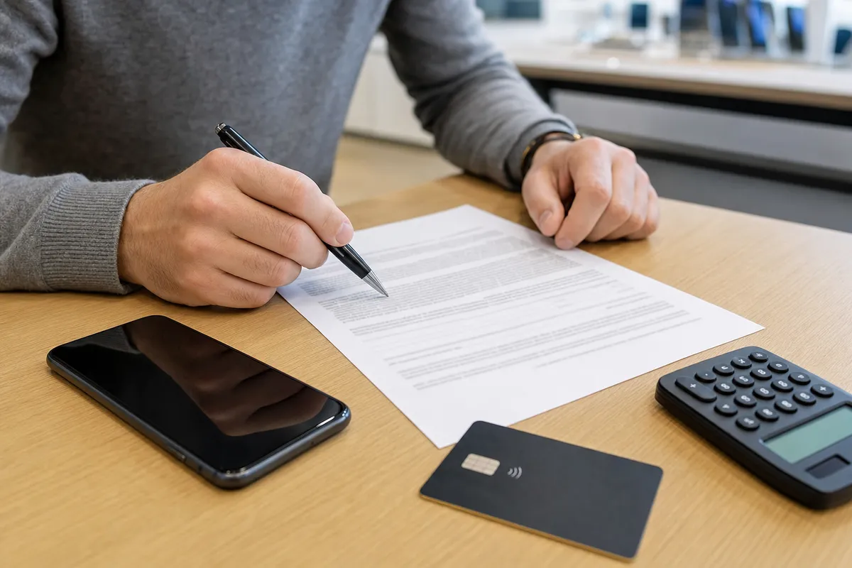 Mani con penna su un contratto, con smartphone, carta e calcolatrice su un tavolo
