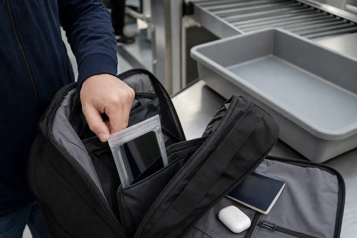 Mano ripone uno smartphone in un sacchetto trasparente dentro uno zaino, con vaschetta di sicurezza sullo sfondo