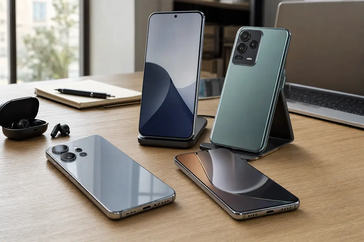 Quattro smartphone moderni su una scrivania, due su stand, con laptop sfocato, taccuino e auricolari