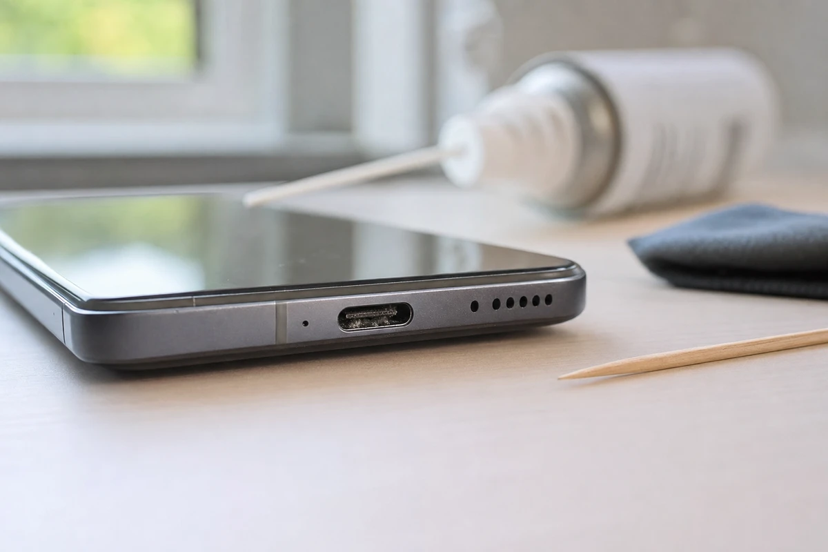 Porta USB-C di uno smartphone con polvere visibile, su scrivania con stuzzicadenti e aria compressa sullo sfondo