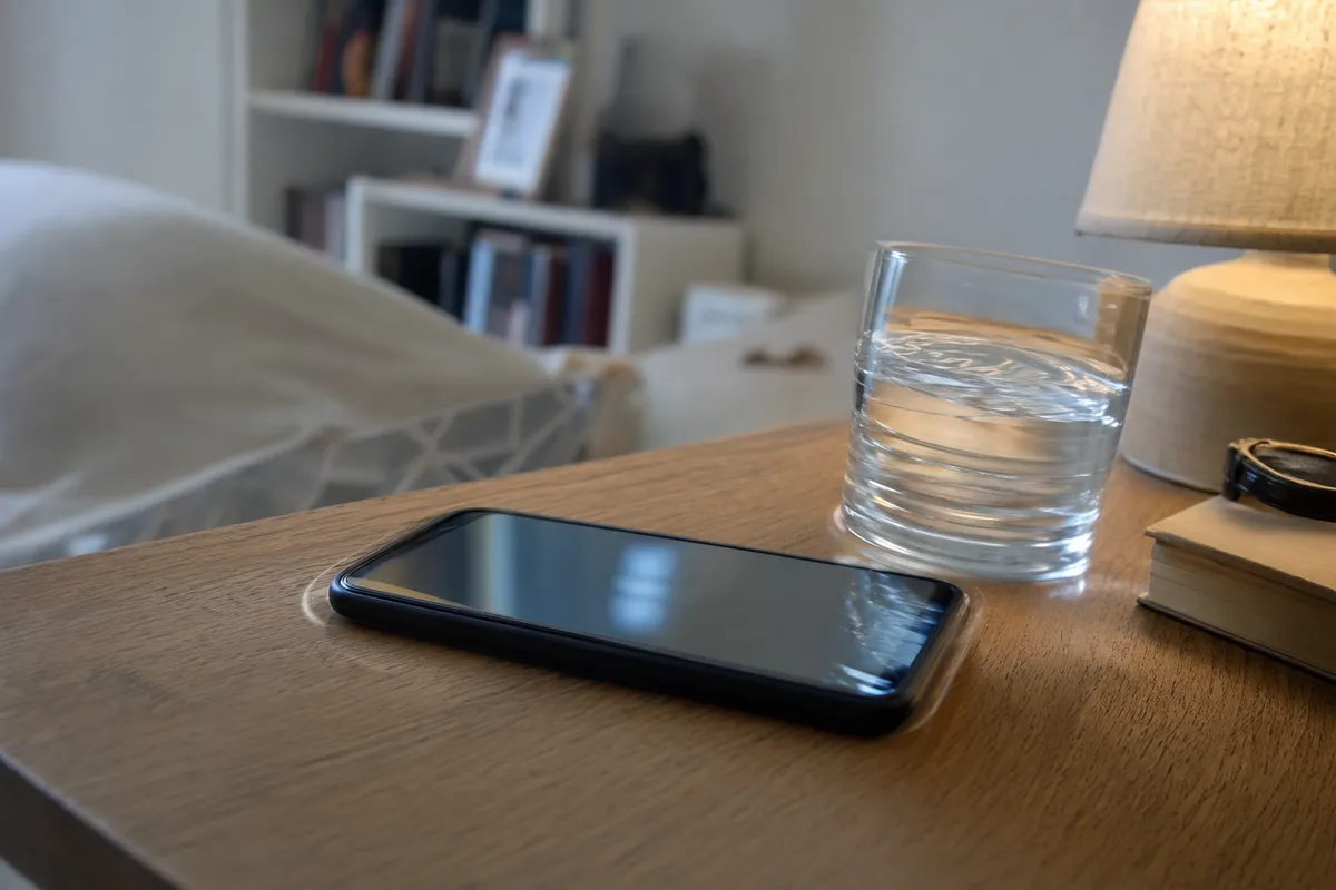 Smartphone su comodino che vibra accanto a un bicchiere d’acqua con increspature, in camera da letto