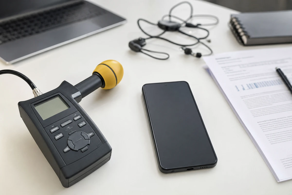 Smartphone con schermo spento accanto a un misuratore di campo elettromagnetico su una scrivania