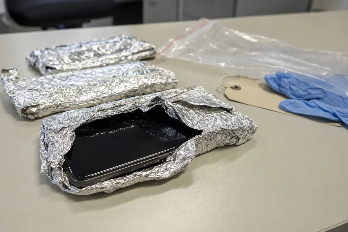 Smartphone avvolti nella carta stagnola su un tavolo, con uno schermo nero parzialmente visibile e guanti in lattice