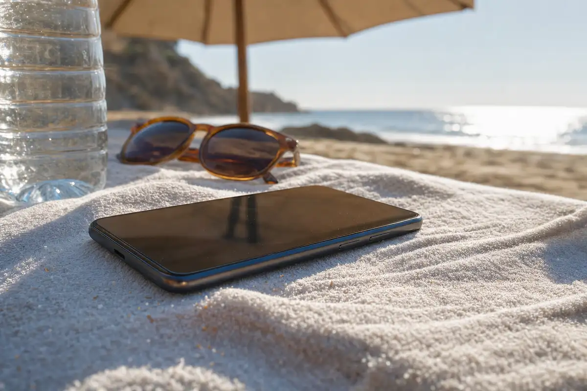 Smartphone su asciugamano in spiaggia, con ombrellone e occhiali da sole sullo sfondo