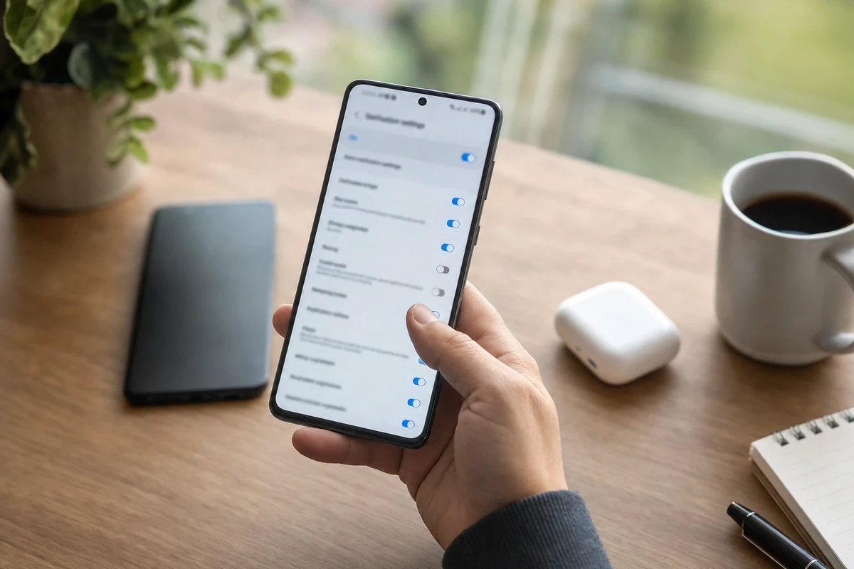 Mano che tiene uno smartphone con schermata di impostazioni notifiche e interruttori, su una scrivania con tazza di caffè