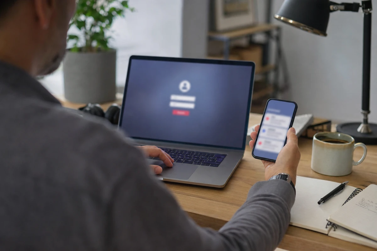 Persona al computer con schermata di login sfocata, mentre controlla notifiche sullo smartphone in un ufficio domestico