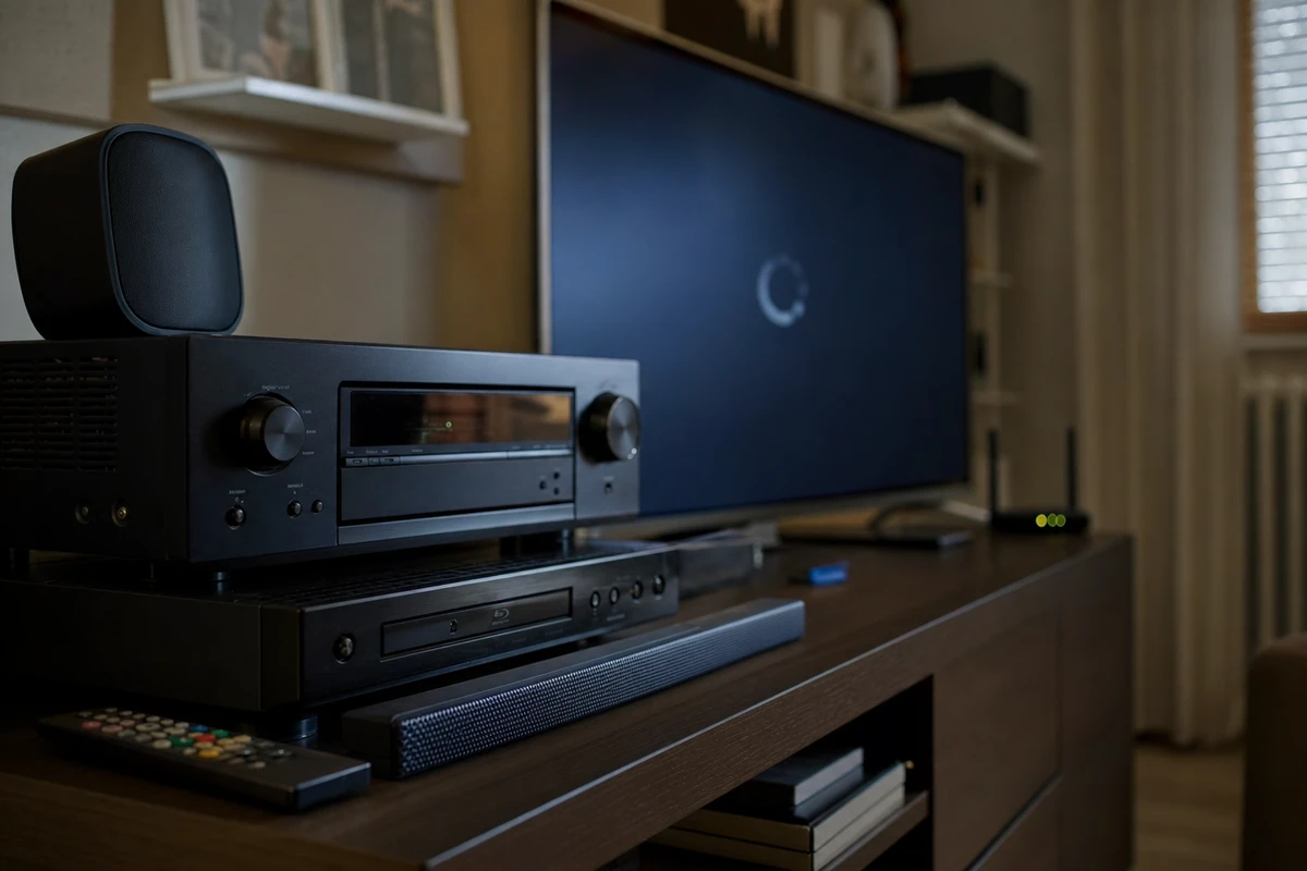 Home theater datato su mobile TV con ricevitore AV, lettore Blu-ray, soundbar e TV sfocata con schermata di caricamento