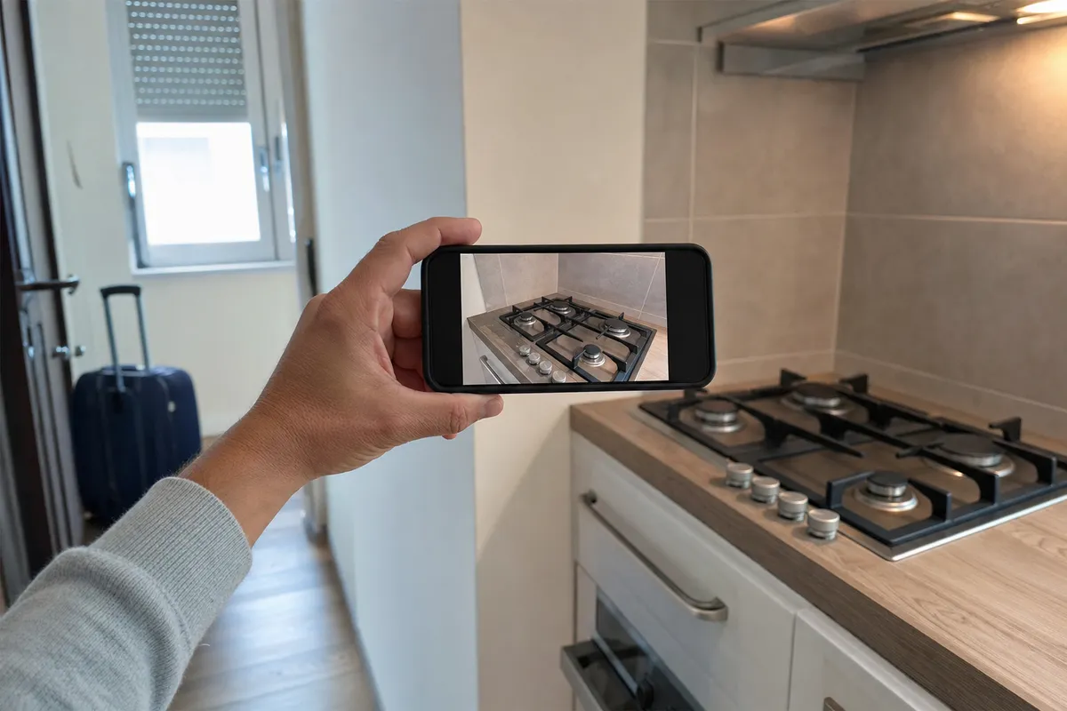 Mano con smartphone che fotografa i fornelli del gas in cucina, con valigia e finestra chiusa sullo sfondo