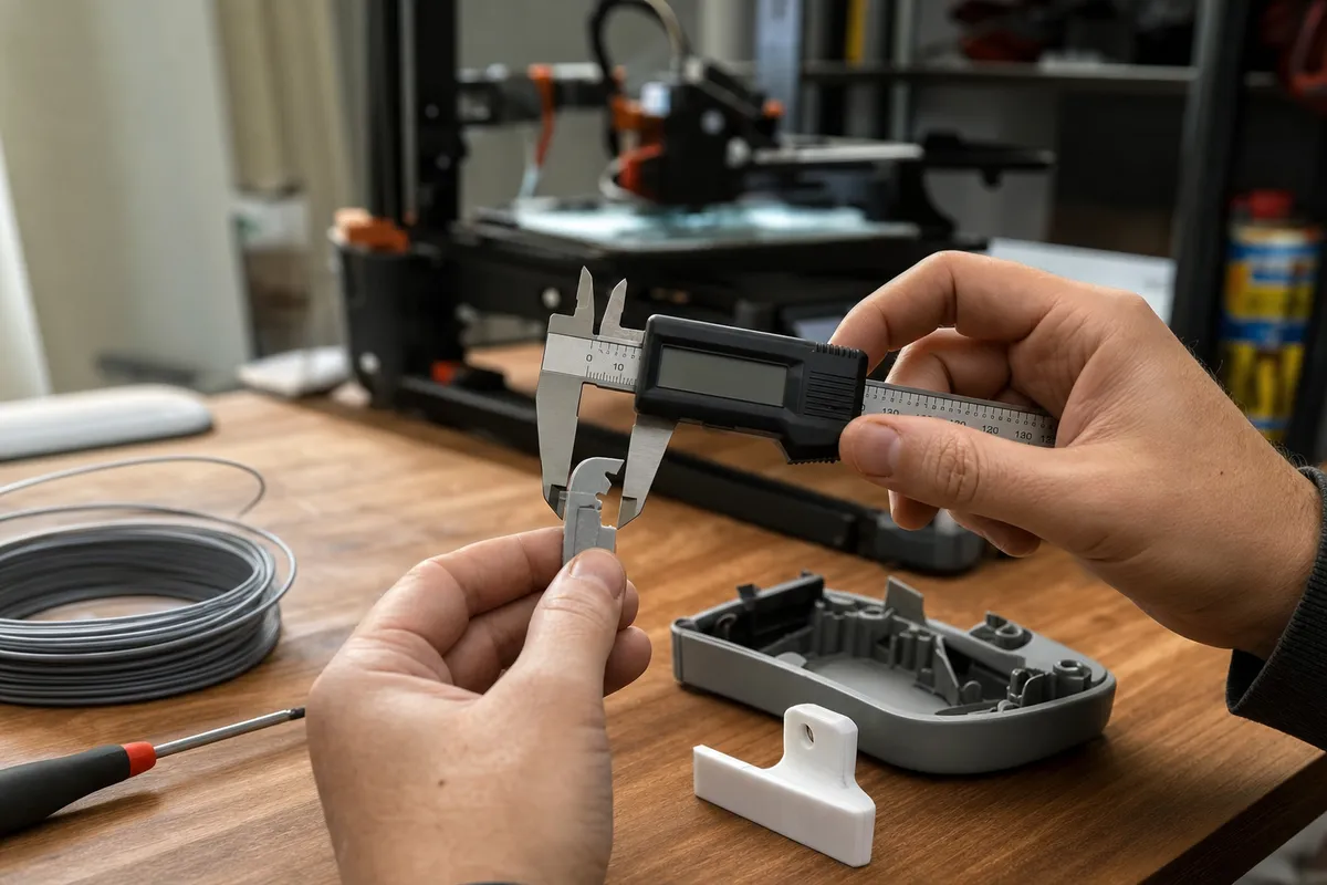 Mani che misurano un piccolo pezzo in plastica con un calibro digitale su banco da lavoro, con stampante 3D sullo sfondo