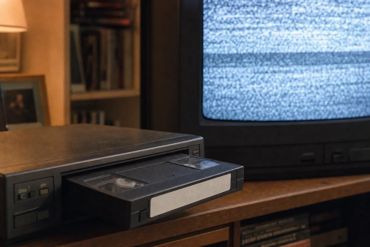 Cassetta VHS inserita a metà in un videoregistratore, con TV a tubo catodico che mostra disturbo di segnale