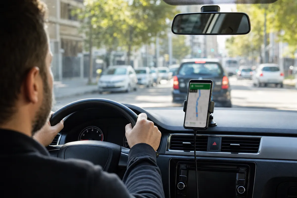 Smartphone con navigatore su supporto da cruscotto, visto dall’abitacolo mentre il conducente guida in città