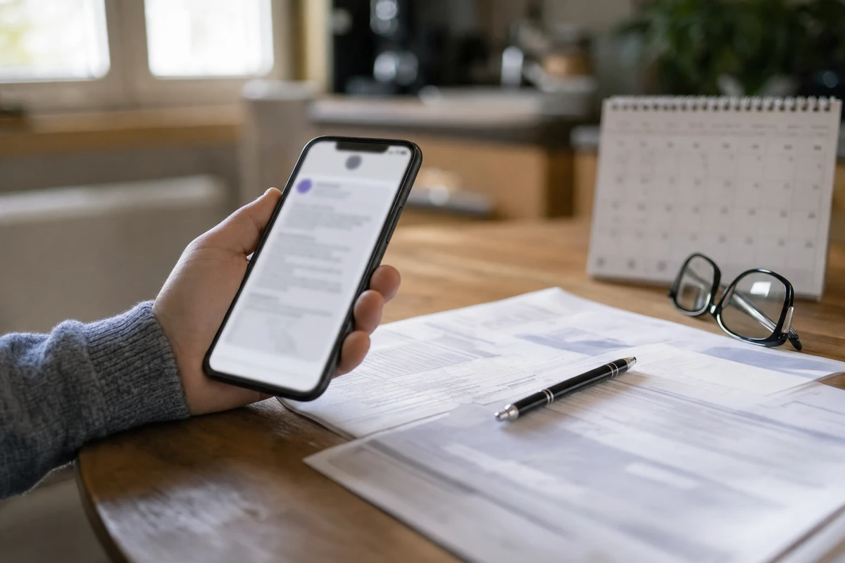 Mano con smartphone e notifica sfocata sopra documenti, penna, occhiali e calendario su un tavolo