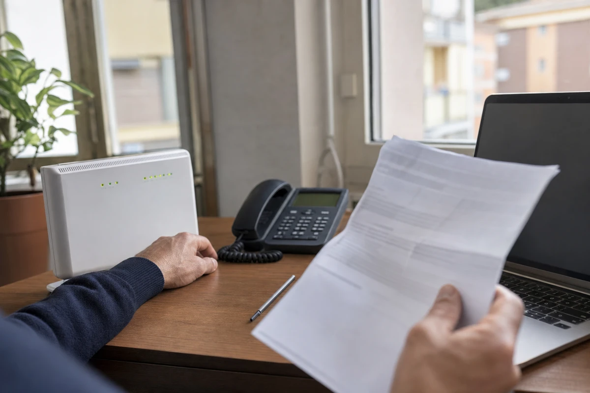 Mani che controllano una bolletta su una scrivania con modem/router, telefono fisso e laptop vicino alla finestra