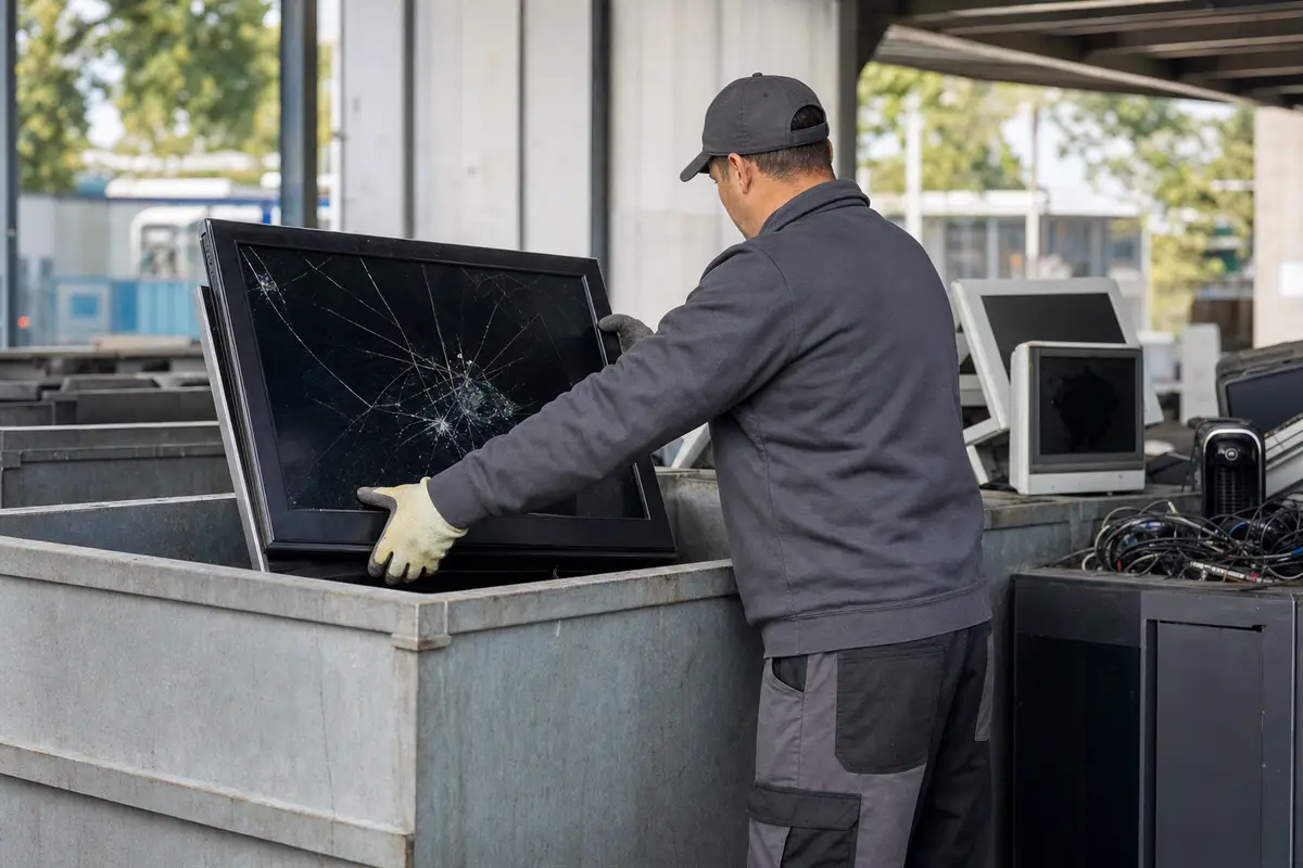 Operatore con guanti deposita una TV a schermo piatto con display crepato in un cassone per rifiuti elettronici