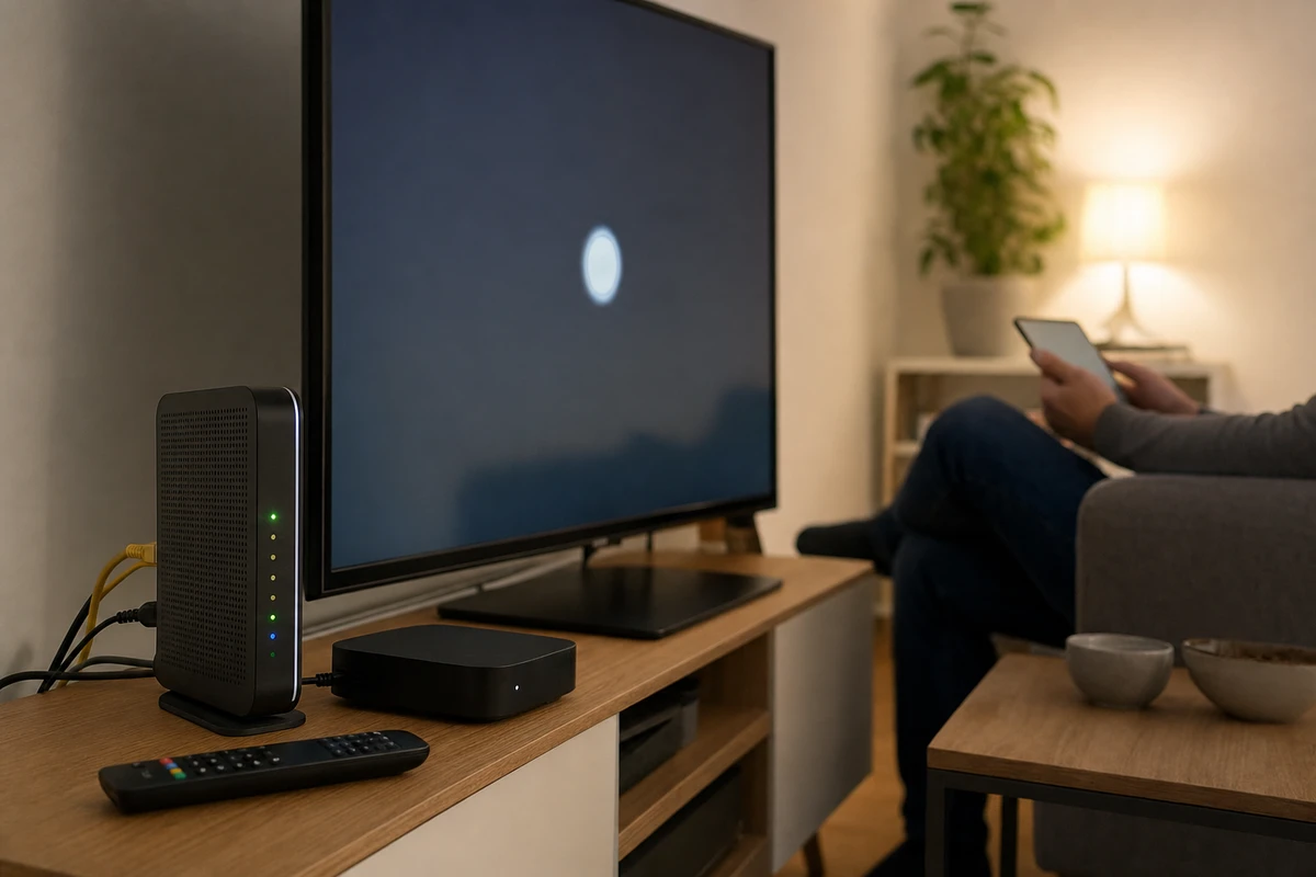 Router con spie accese e TV con schermo scuro in salotto, con persona sul divano che usa lo smartphone