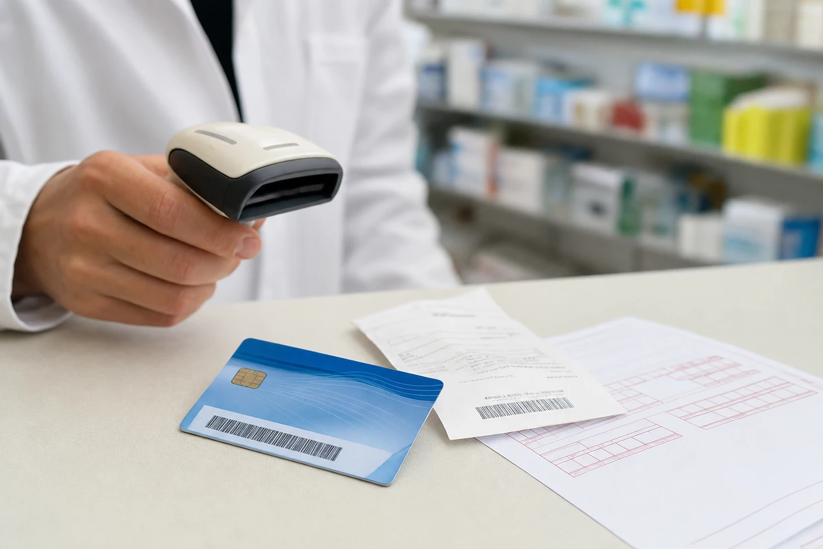 Mano con lettore di codici a barre sopra una tessera sanitaria blu con chip e barcode su un bancone di farmacia