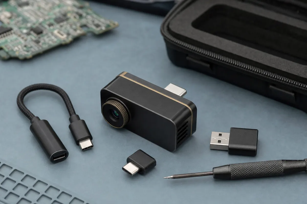 Dongle termico USB‑C in metallo nero con ghiera di messa a fuoco, adattatori USB e custodia su banco elettronica
