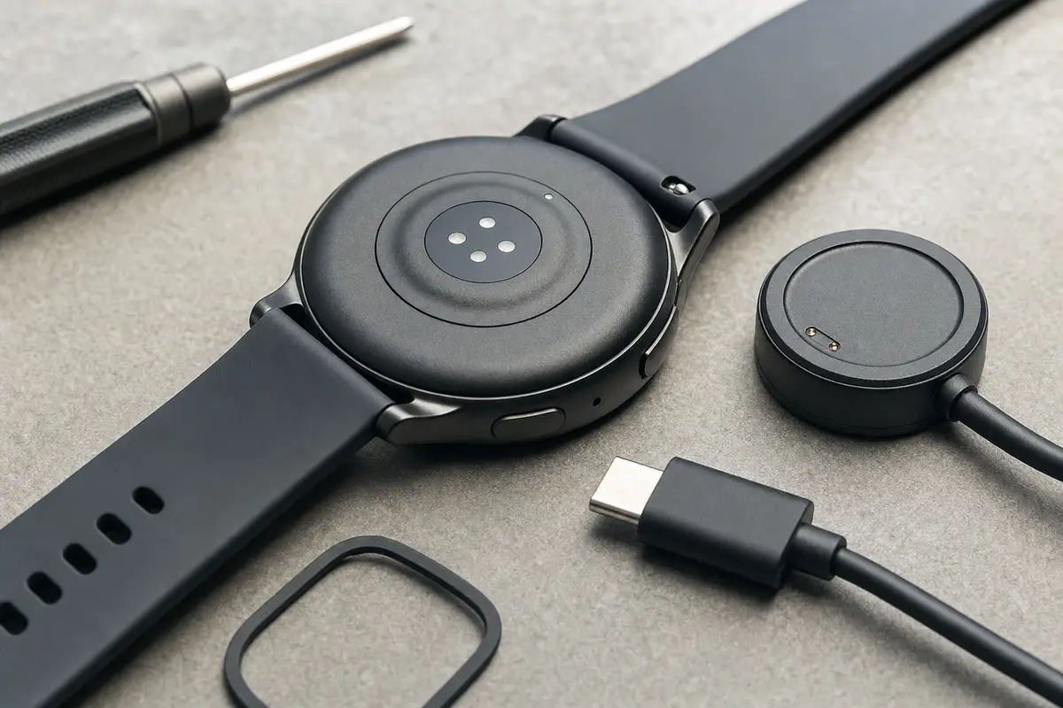 Smartwatch capovolto con caricatore magnetico, cavo USB-C e piccolo cacciavite su un piano di lavoro