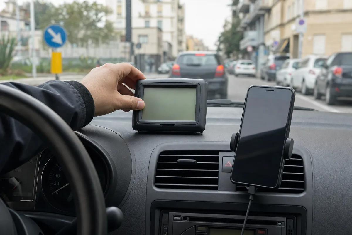 Mano sul cruscotto con navigatore GPS portatile accanto a smartphone su supporto, strada urbana sfocata