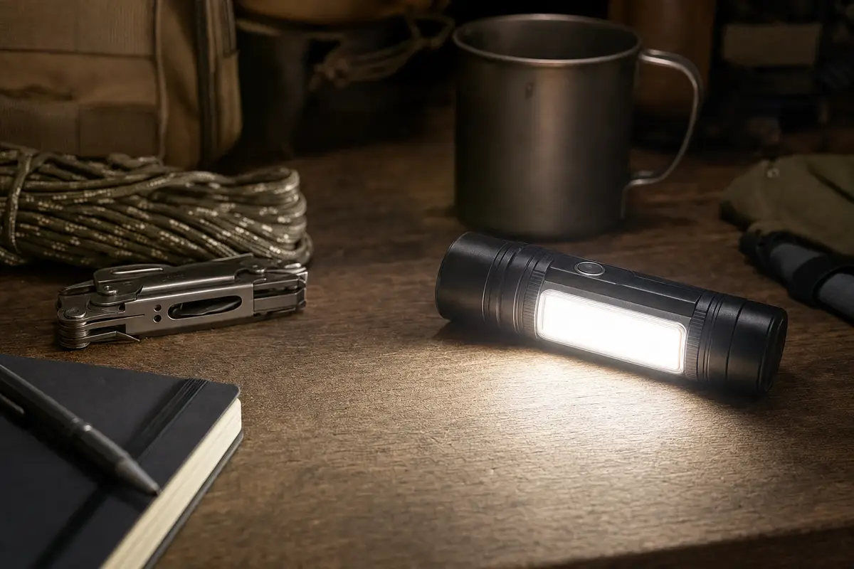 Torcia compatta con pannello LED laterale acceso su tavolo in legno, accanto a multitool, corda, taccuino e tazza