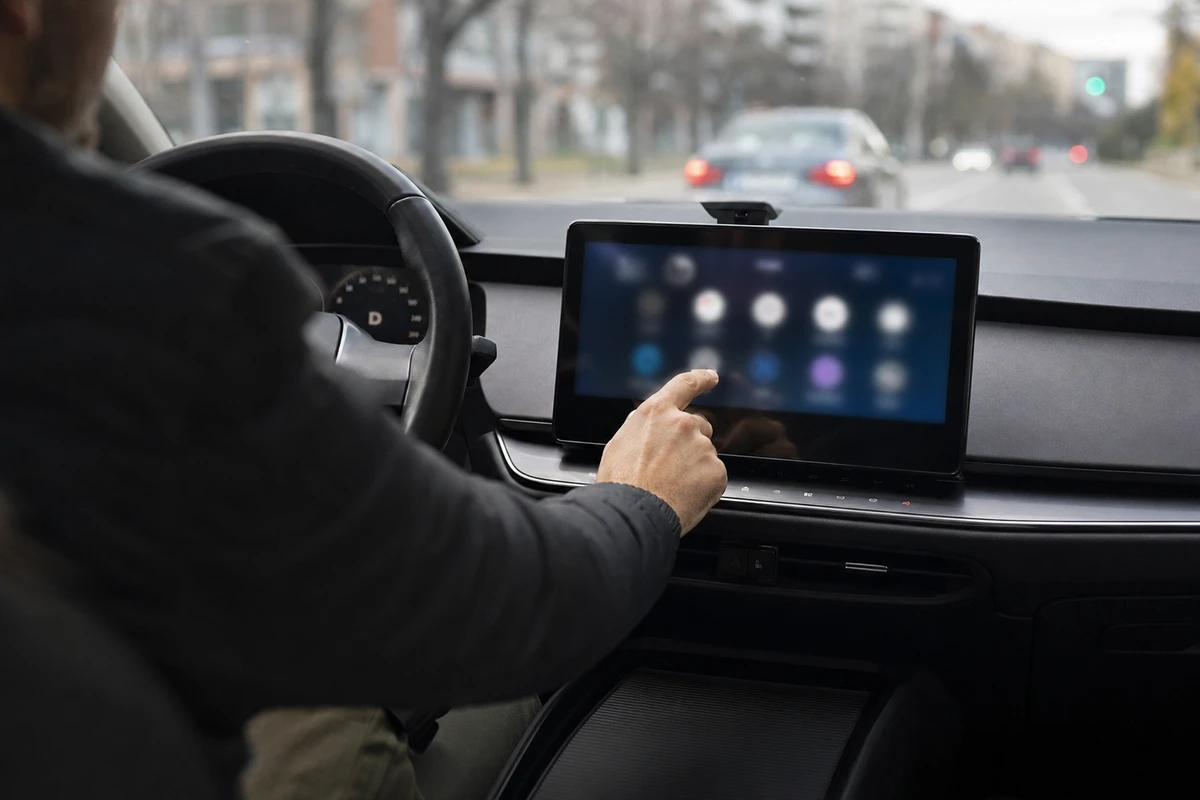 Mano del conducente che tocca il grande touchscreen centrale mentre l’auto procede su una strada urbana sfocata